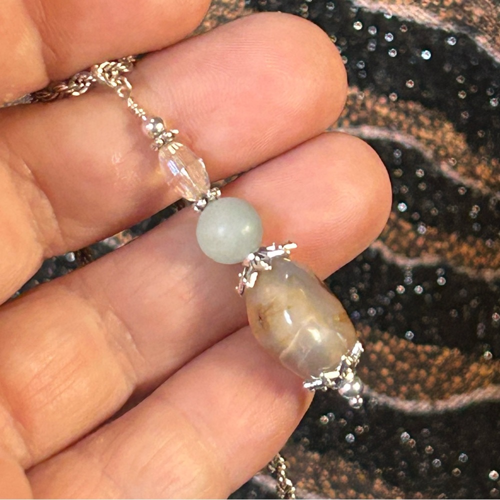 Handcrafted agate quartz drop pendant on sterling silver rope chain necklace